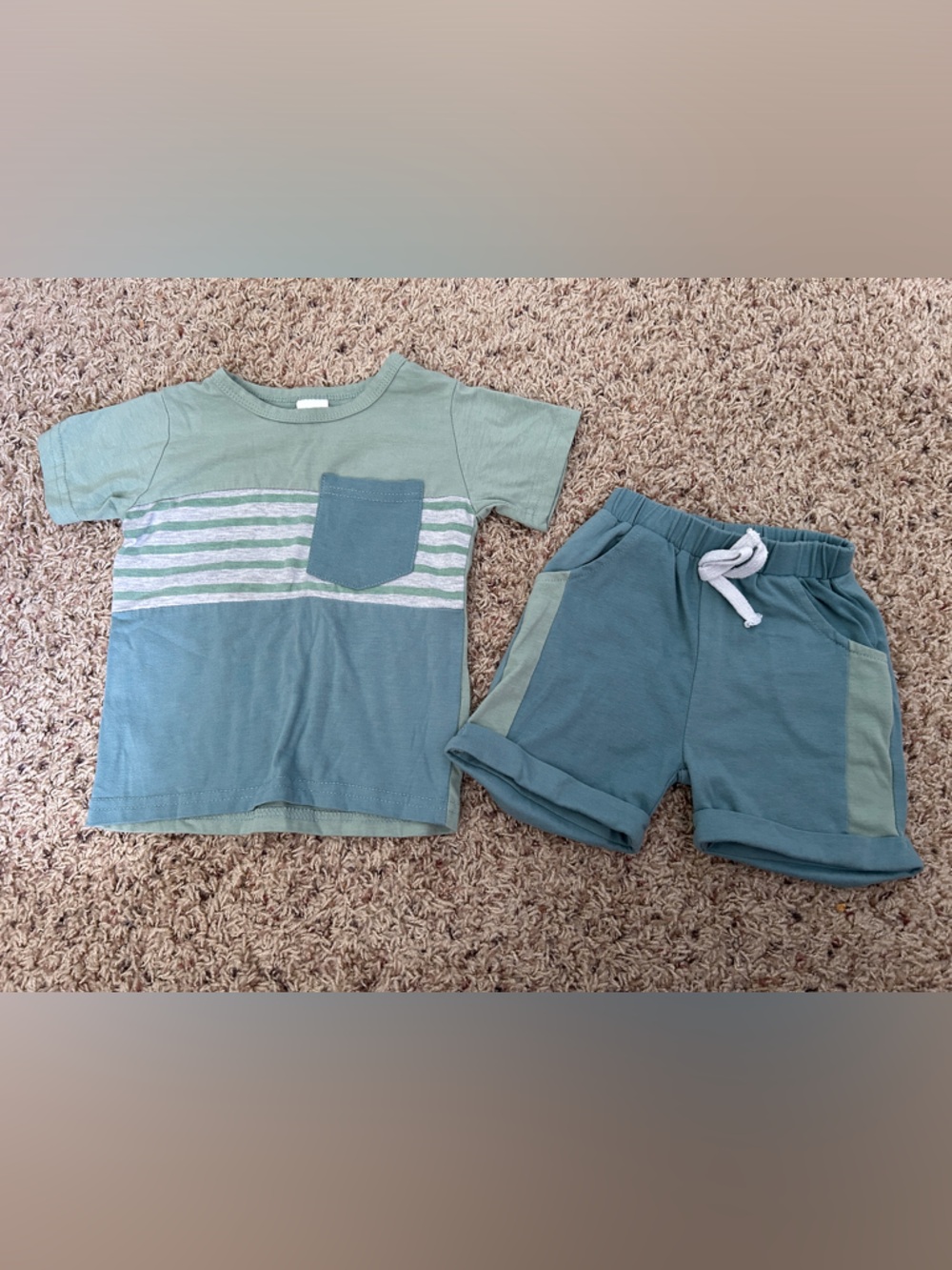 Kids Two-Piece Green Stripe Pocket T-Shirt and Shorts Set